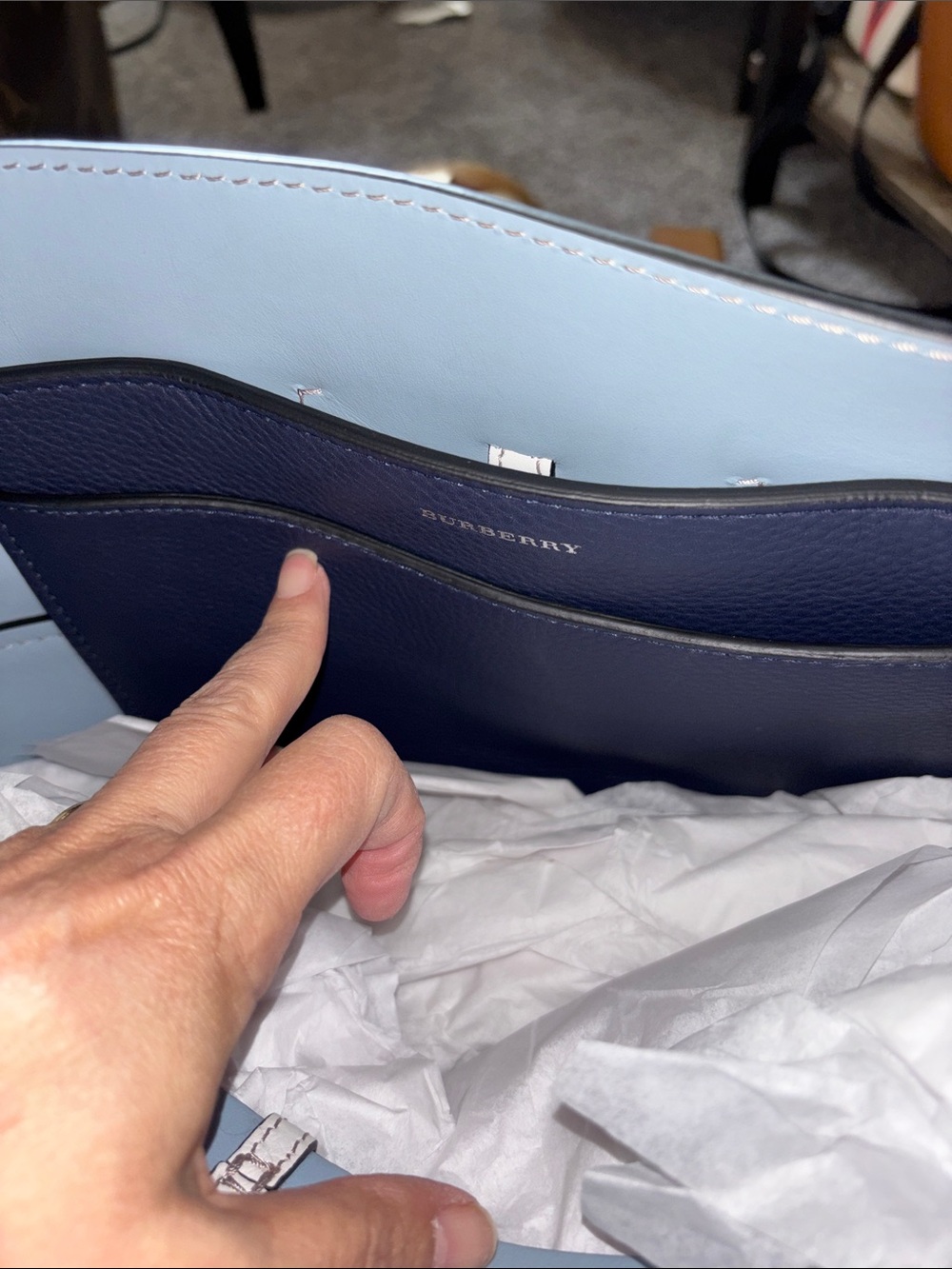 Burberry Navy, White and Gray Leather Tote with Belt Accent - Picture 7 of 9